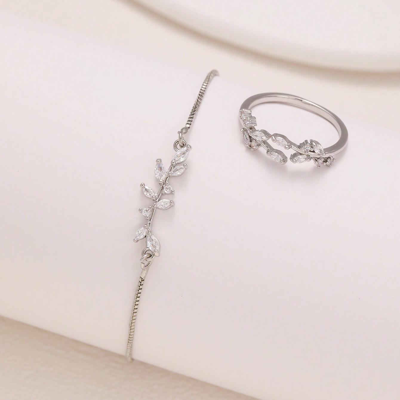 Silver Horse Eye Crystal Zircon Leaf Bracelet And Ring