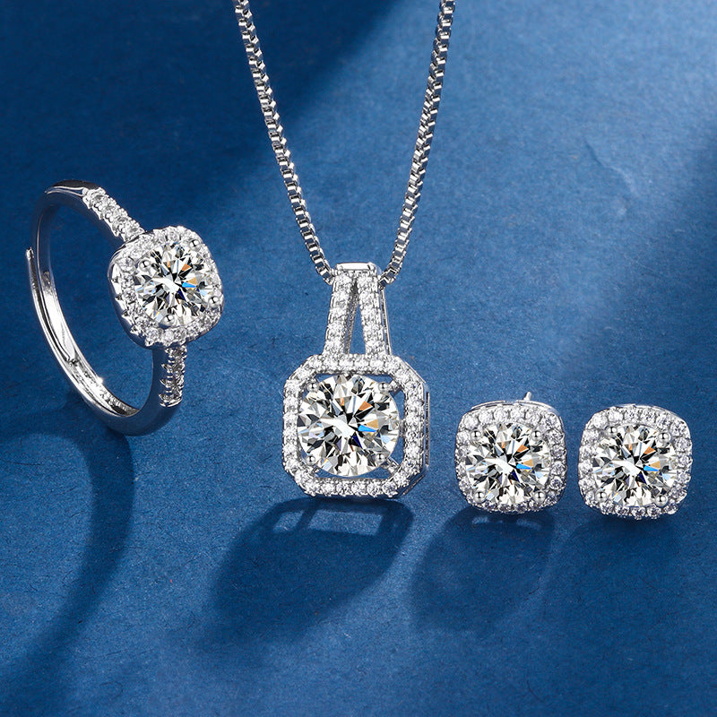 Eight Hearts Arrows Zircon Rings Ear Studs Pendant Necklace Suit