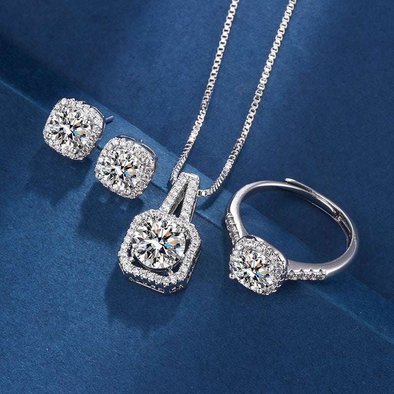 Eight Hearts Arrows Zircon Rings Ear Studs Pendant Necklace Suit