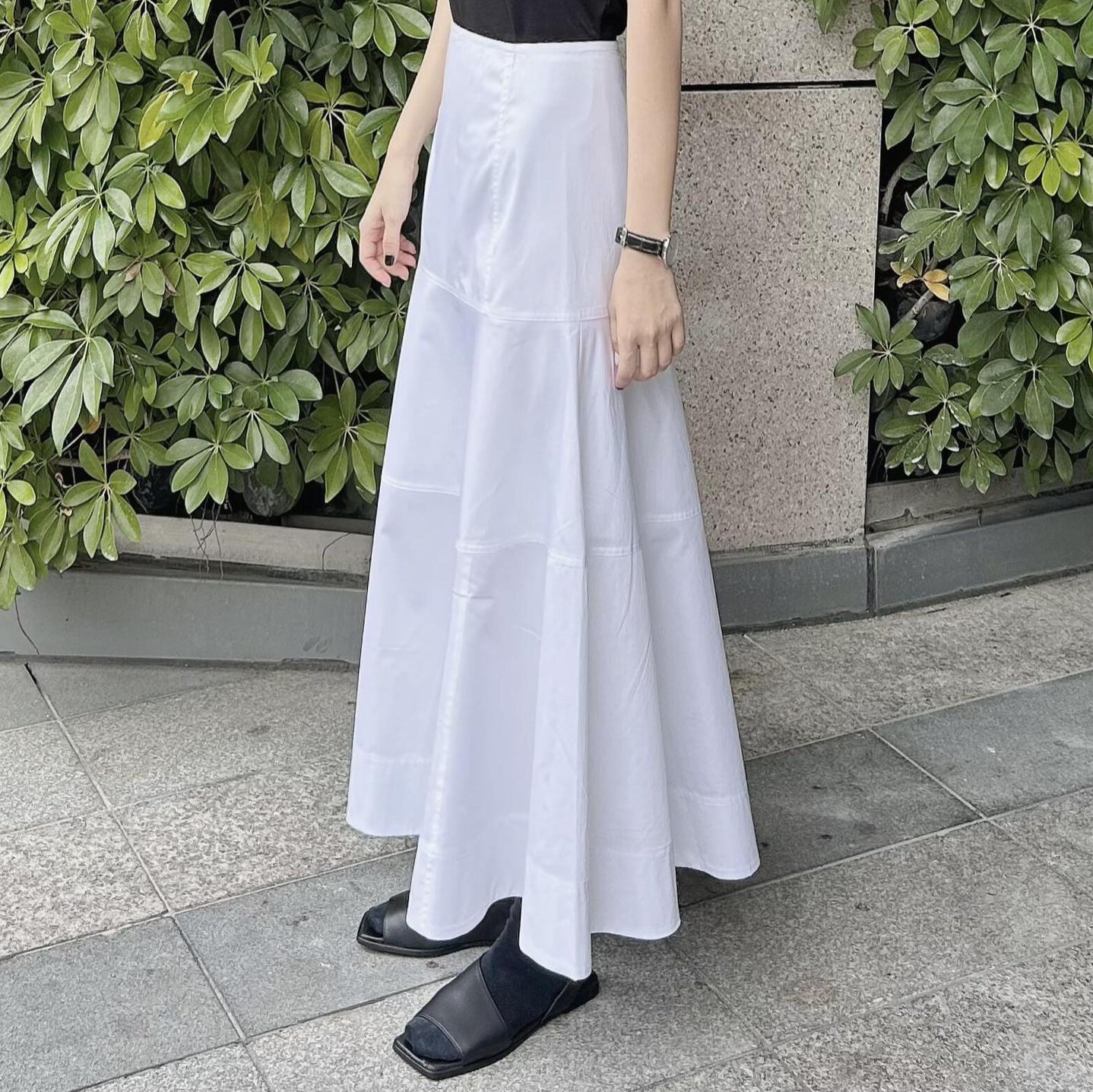 High Waisted Spliced Cotton Mid Length Skirt