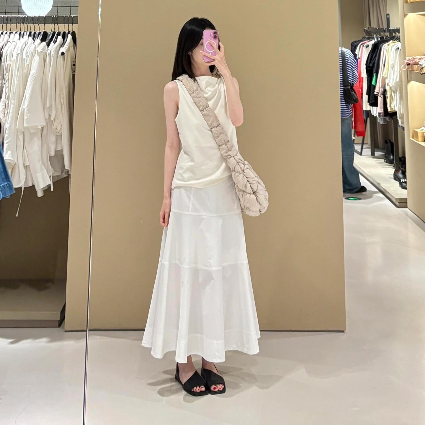 High Waisted Spliced Cotton Mid Length Skirt