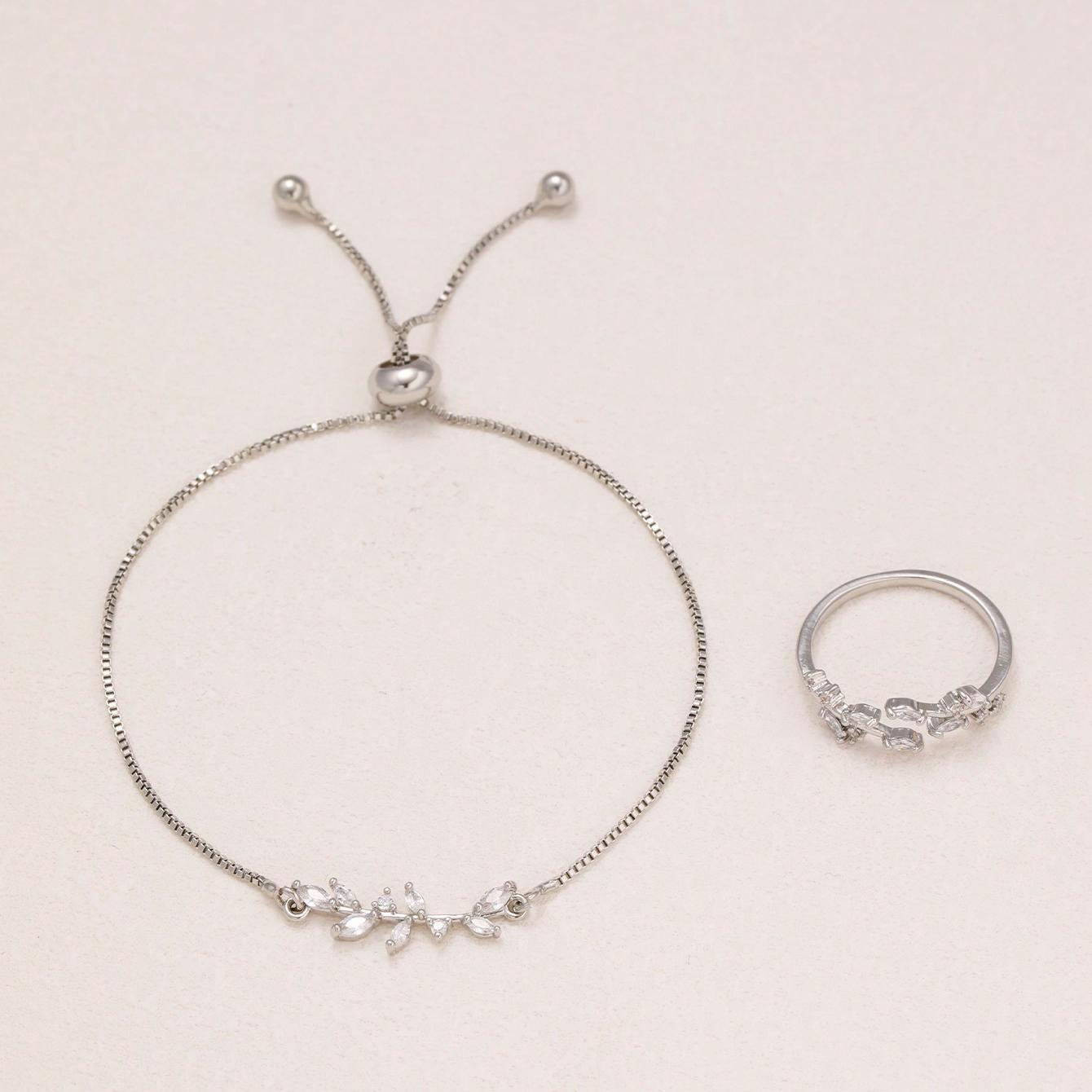Silver Horse Eye Crystal Zircon Leaf Bracelet And Ring